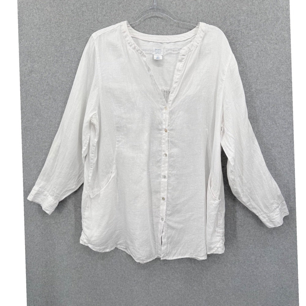 Sigrid Olsen Button Up Women 1X White Linen Pockets Roll Tab Sleeve Tunic Blouse